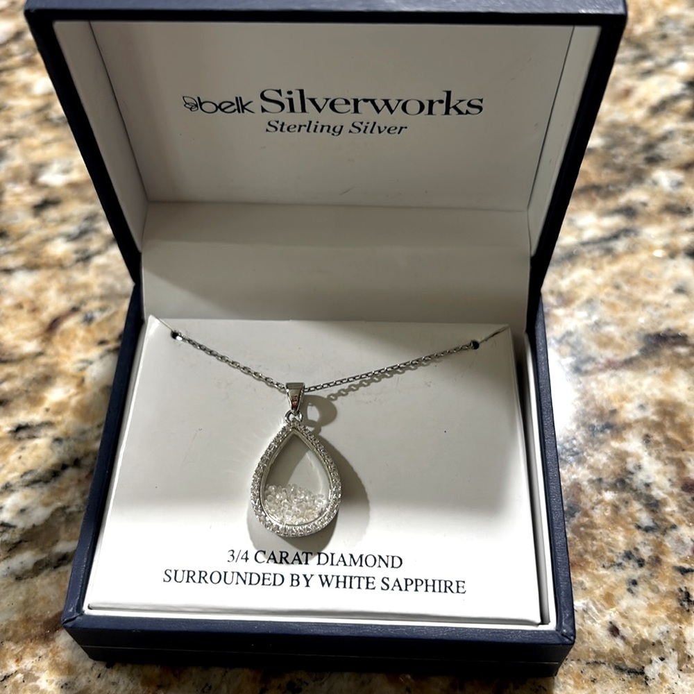 NWT & box Belk 3/4 Carat Diamond surrounded by white sapphire necklace.